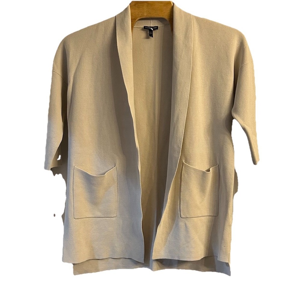 Eileen Fisher‎ Open Front Cardigan Womens Small Black Bone White Silk Cotton